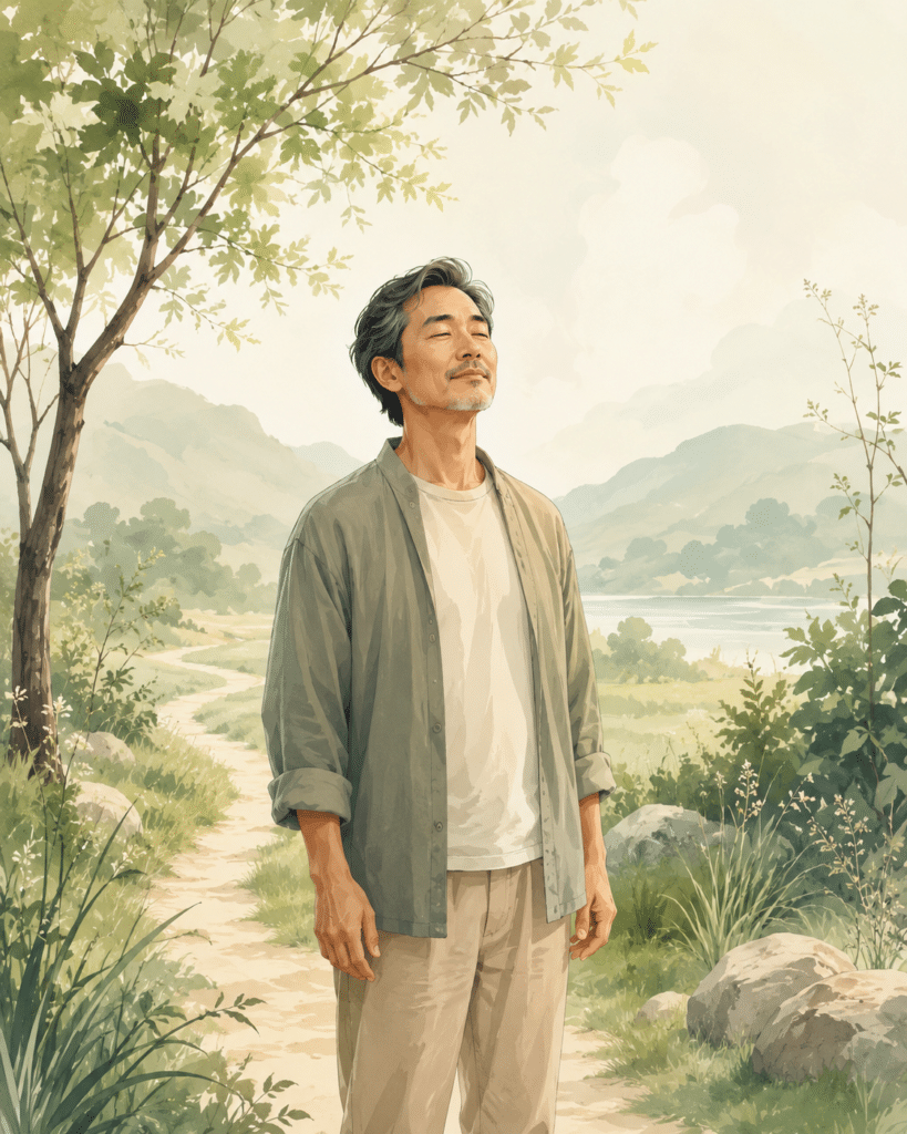 Personne debout dans la nature, ancrage et présence, intégration après un soin à distance
