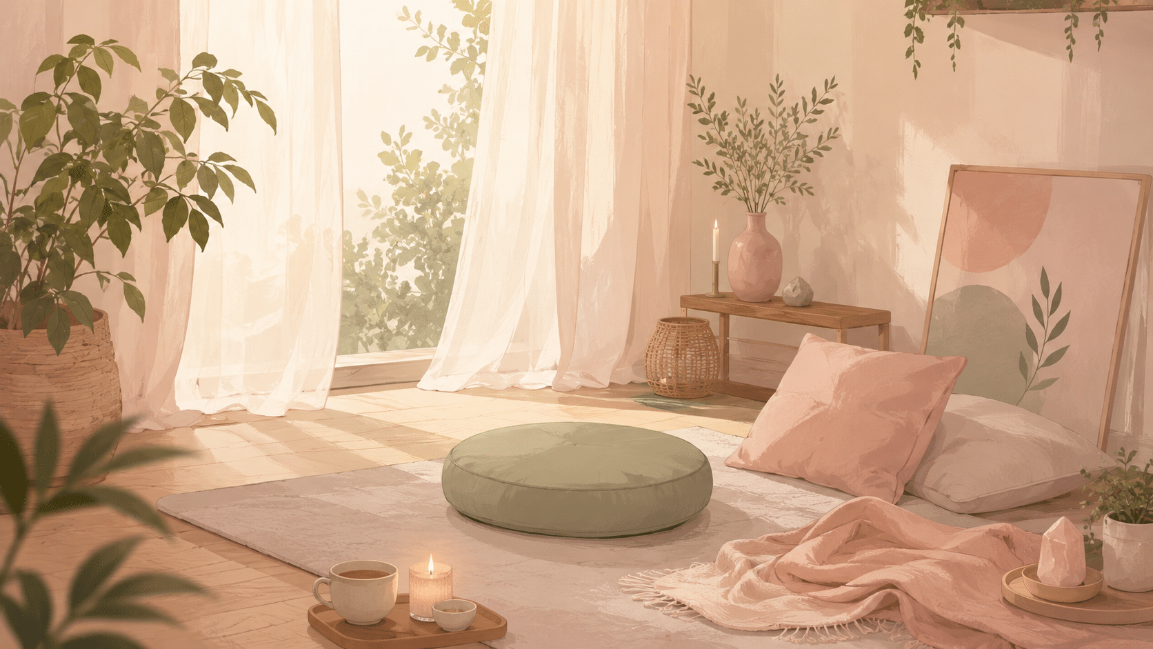 oin calme à la maison, bougie allumée et tisane, préparation à une séance de soin à distance