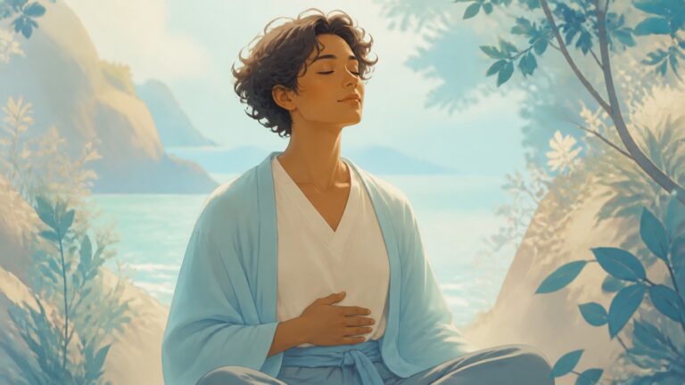 Personne les épaules relâchées, respiration calme, lumière douce