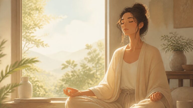 Personne assise près d'une fenêtre, regard doux, lumière naturelle du matin