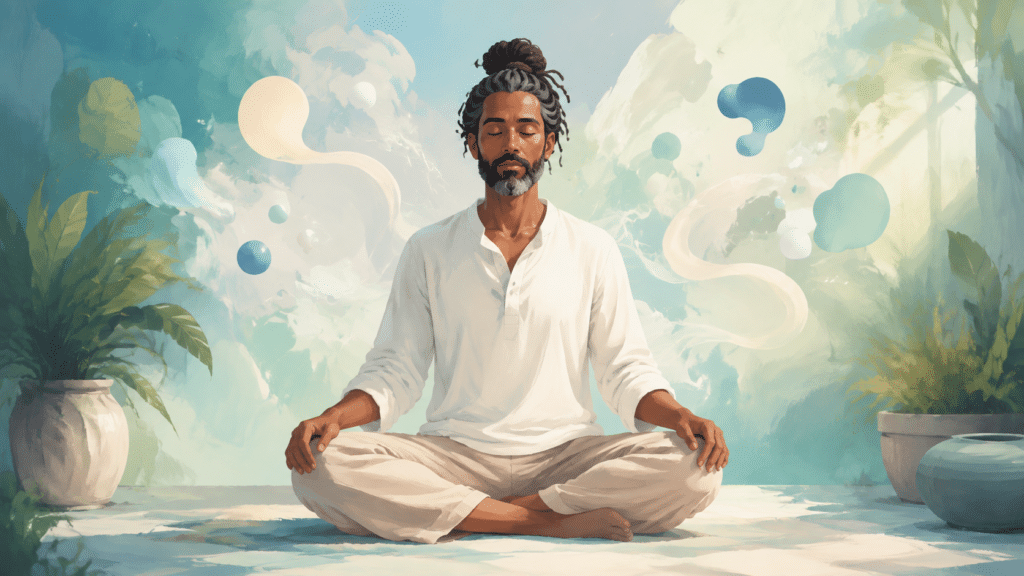 Personne assise en méditation, expression neutre et apaisée