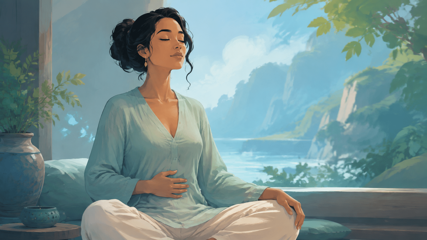 Main posée sur le ventre pendant une respiration consciente