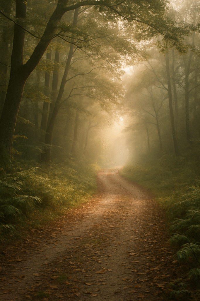 Chemin lumineux dans une forêt brumeuse représentant le voyage vers l’essentiel
