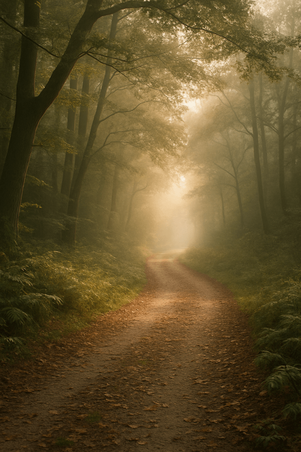 Chemin lumineux dans une forêt brumeuse représentant le voyage vers l’essentiel - accompagnement transitions de vie