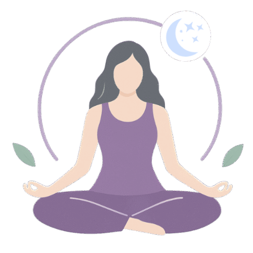 Logo RL Bien-Être représentant une femme en méditation assise en tailleur, avec un croissant de lune et des feuilles autour d’elle