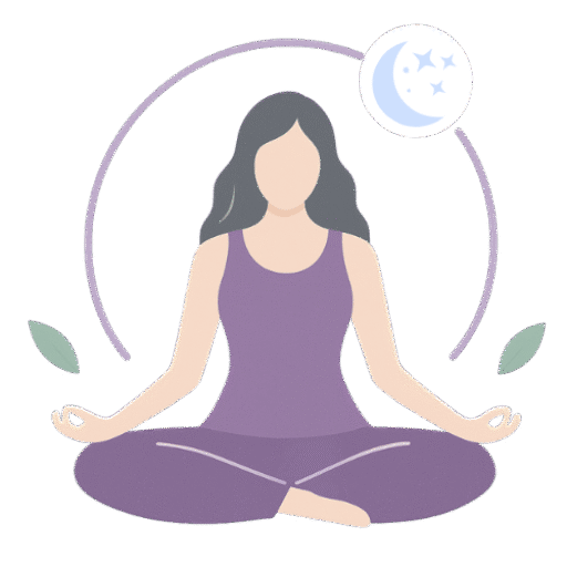 Logo RL Bien-Être représentant une femme en méditation assise en tailleur, avec un croissant de lune et des feuilles autour d’elle