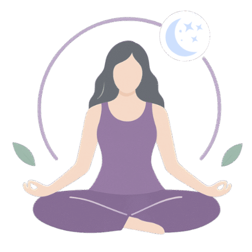 Logo RL Bien-Être représentant une femme en méditation assise en tailleur, avec un croissant de lune et des feuilles autour d’elle