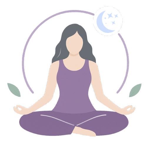 Logo RL Bien-Être représentant une femme en méditation assise en tailleur, avec un croissant de lune et des feuilles autour d’elle
