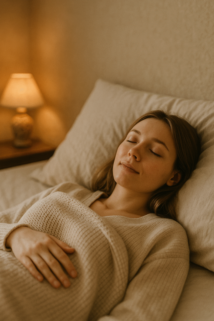 Femme allongée dans un espace doux et cocooning, prête à relâcher la pression intérieure