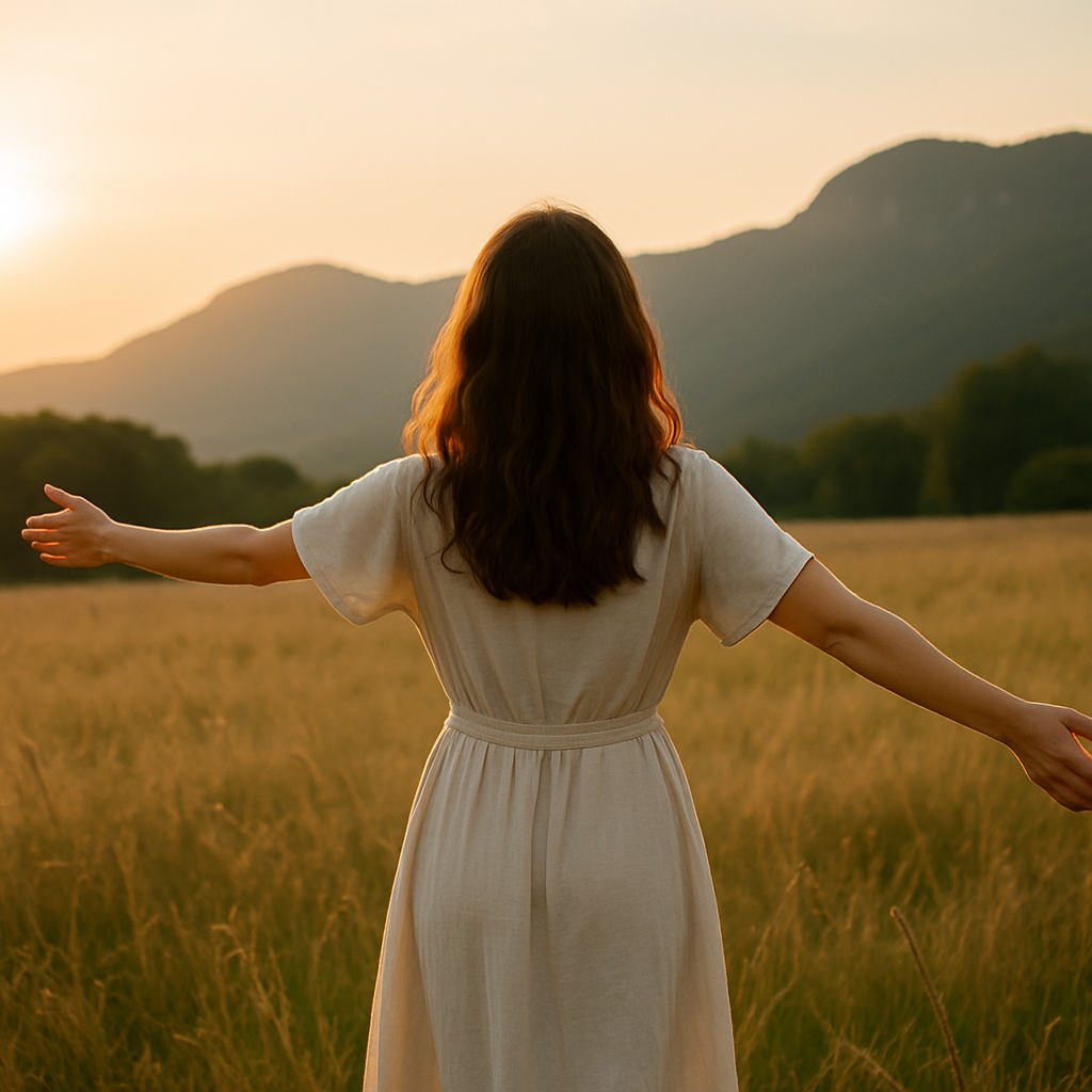 Femme en pleine nature qui s’ouvre à elle-même dans un moment de reconnexion intérieure