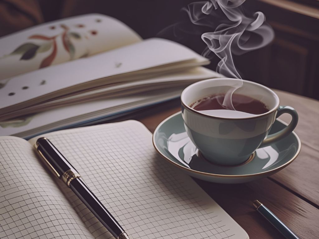 Carnet ouvert avec stylo, posé près d’une tasse fumante Réserve ta séance découverte bien-être – RL Bien Être