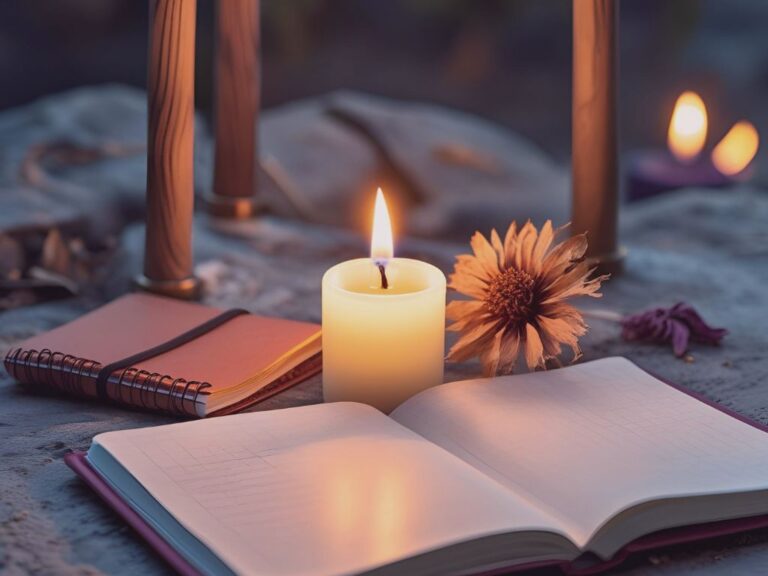 dans un coin paisible, écriture dans un carnet à la bougie, symbole de s’autoriser à être soi