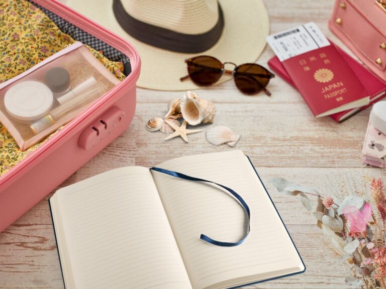 Valise ouverte avec carnet, coquillages et fleurs séchées