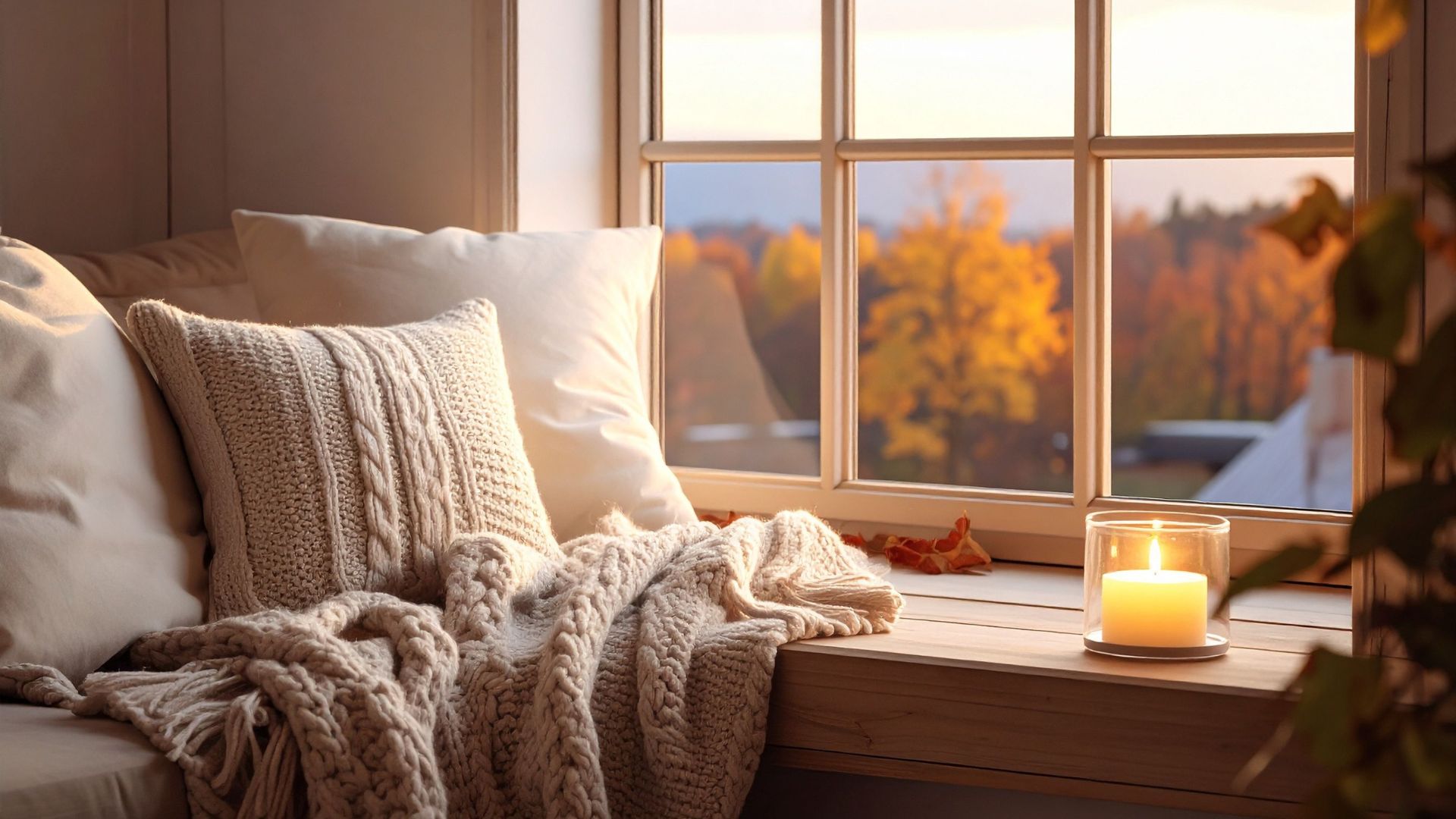 Personne qui s’installe confortablement dans son lit pour une méditation guidée d’automne, lumière chaude et ambiance paisible.