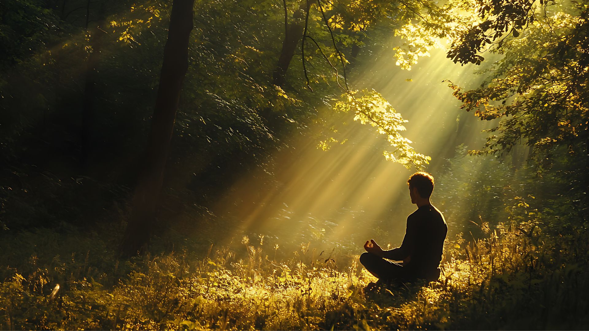 Réveil calme après une méditation du soir, visage détendu baigné d’une lumière dorée d’automne.