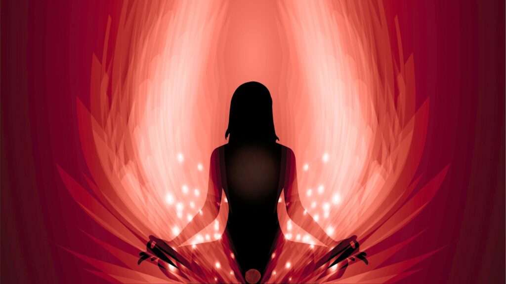 Énergie rouge profonde autour d’une personne assise en méditation hivernale