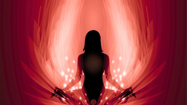 Énergie rouge profonde autour d’une personne assise en méditation hivernale