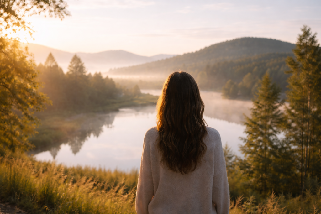 Personne contemplant un paysage naturel au lever du jour, symbolisant l’écoute intérieure et l’approche sensible de la numérologie et de sa signification
