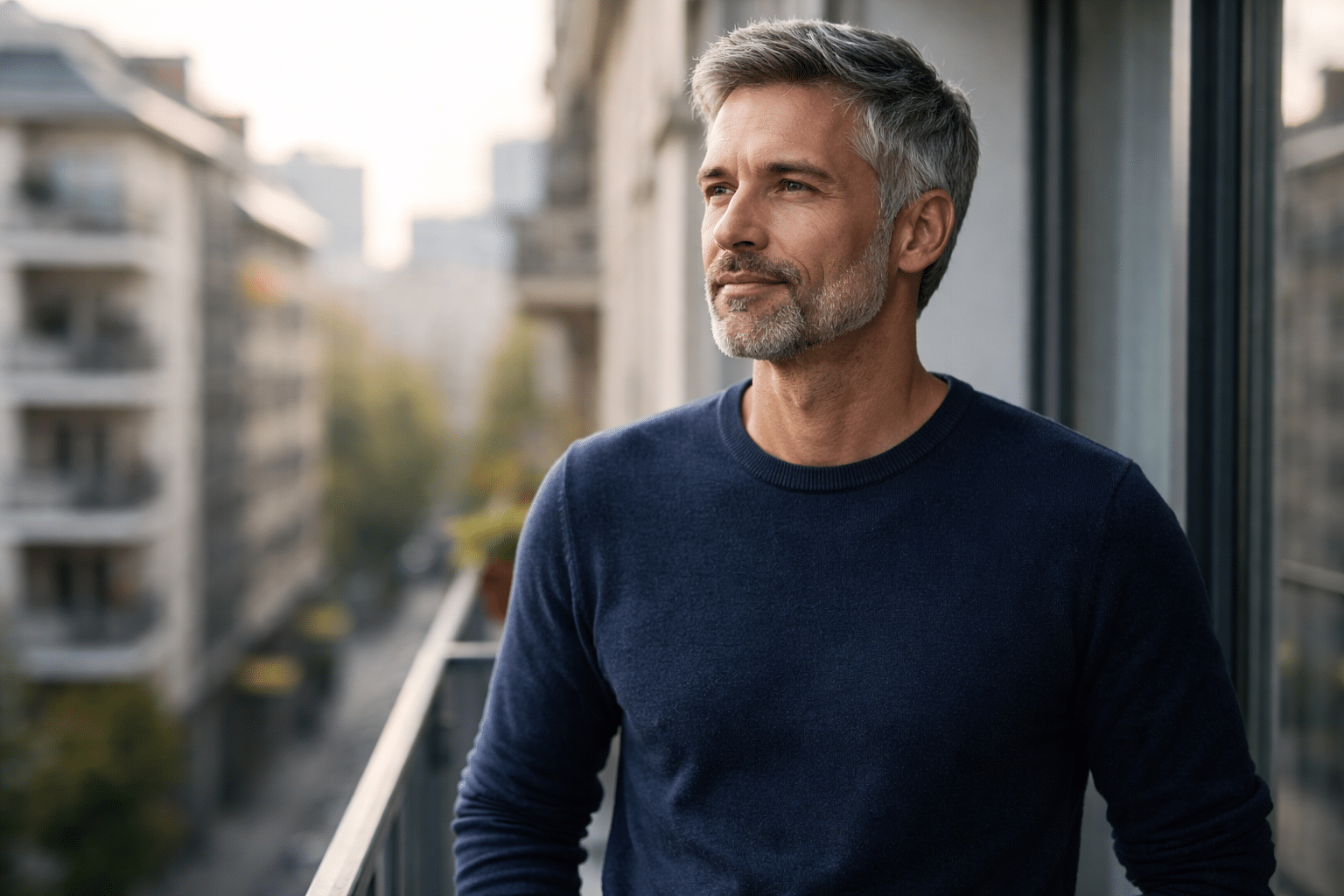 Homme aux cheveux poivre et sel debout sur un balcon urbain au printemps