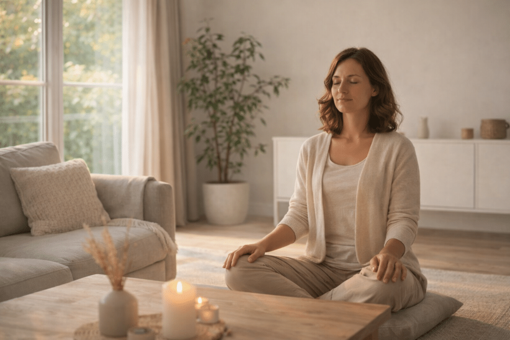 personne assise paisiblement dans un intérieur lumineux naturel