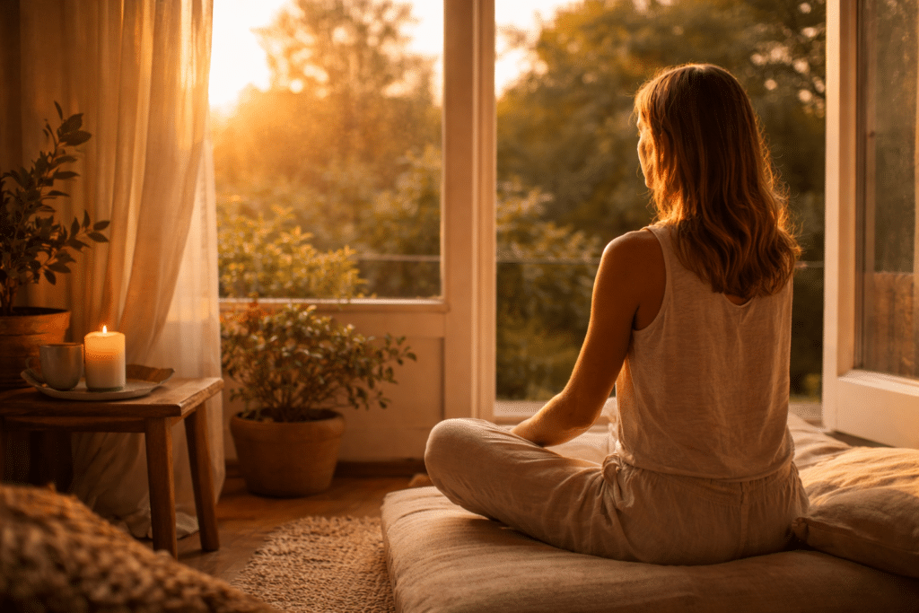 personne assise en lumière douce du soir en été