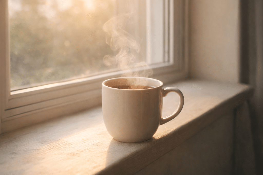 Mains tenant une tasse chaude près d'une fenêtre lumineuse avec des plantes vertes, moment de douceur et de pleine présence au quotidien
