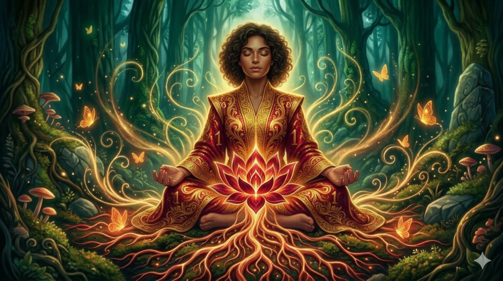 chakra racine rouge lumineux représentant l’énergie du nombre 1 en numérologie sacrée
