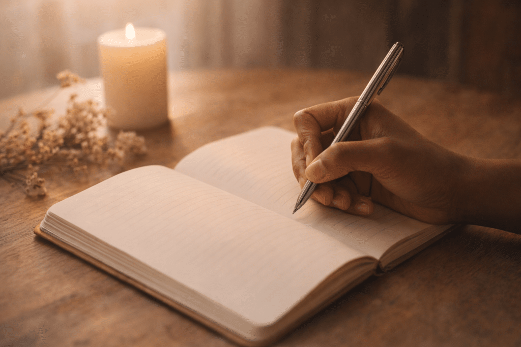 Main posée sur un carnet ouvert, stylo entre les doigts, lumière chaude sur une table en bois, symbole de la pratique quotidienne de gratitude et de reconnexion intérieure
