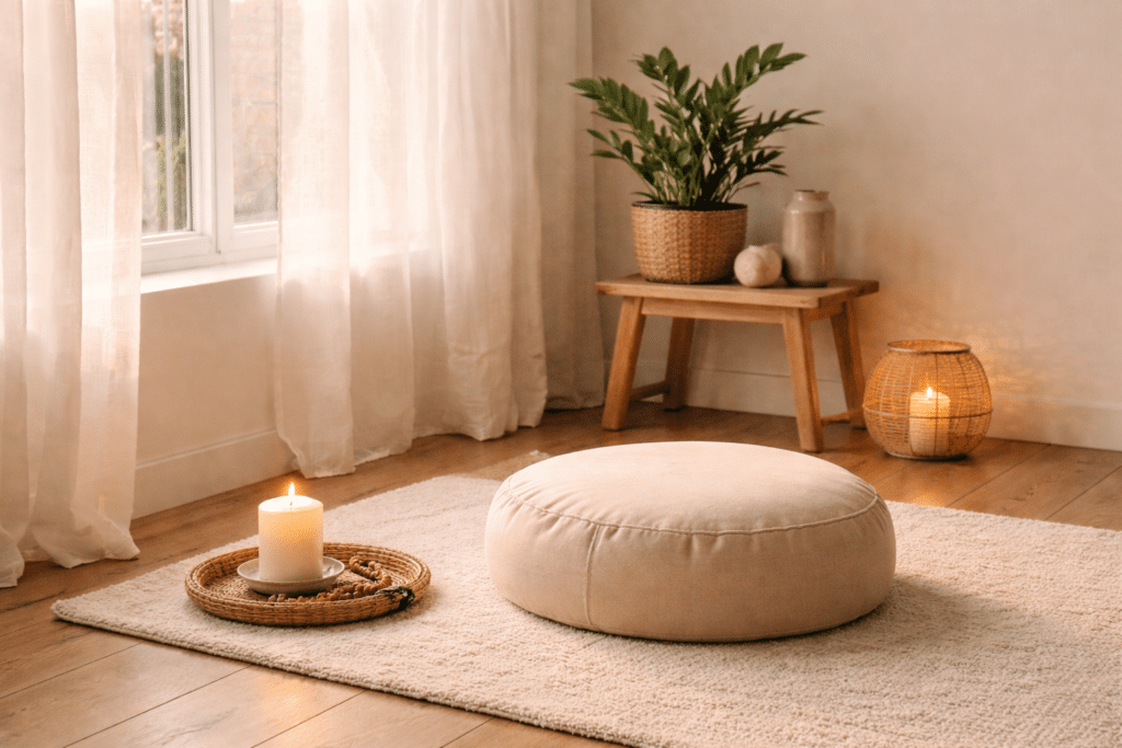Espace intérieur épuré et lumineux avec un coussin de méditation au sol, une bougie allumée et une plante, invitant à la pause et au recentrage