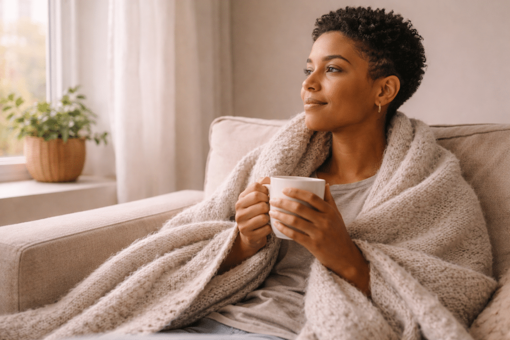 Personne enveloppée dans un plaid doux sur un canapé, tasse dans les mains, regard paisible vers la fenêtre, symbole de bienveillance envers soi et de droit au repos