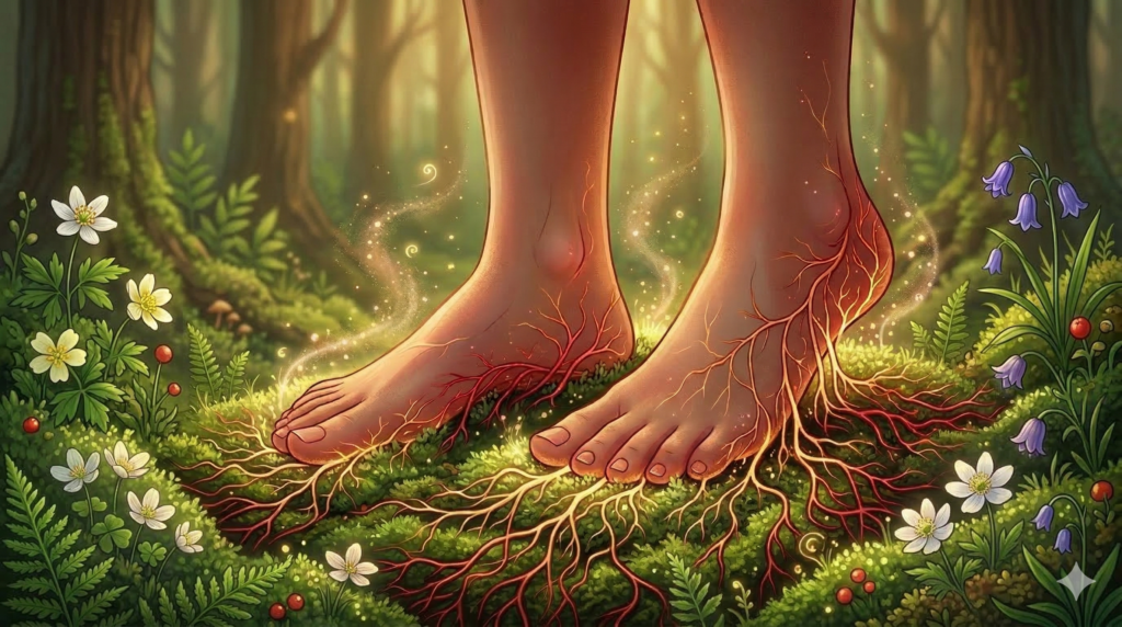 pieds ancrés dans la terre au lever du soleil symbolisant le rituel d'ancrage du nombre 1