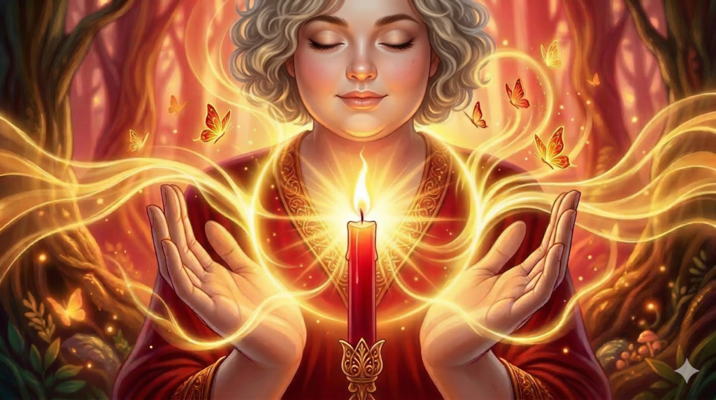 rituel du feu intérieur avec bougie rouge et main posée sur le cœur. Rituel 1 du nombre 1