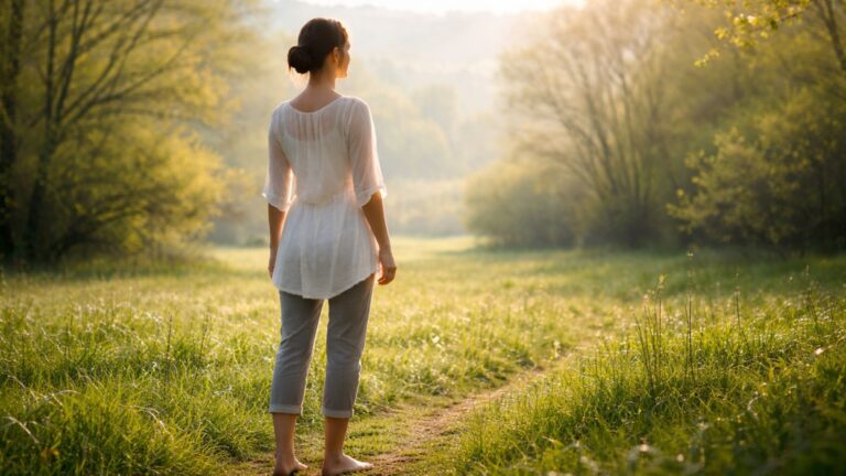 Femme ancrée dans la nature au printemps symbolisant la stabilité intérieure et le renouveau des projets