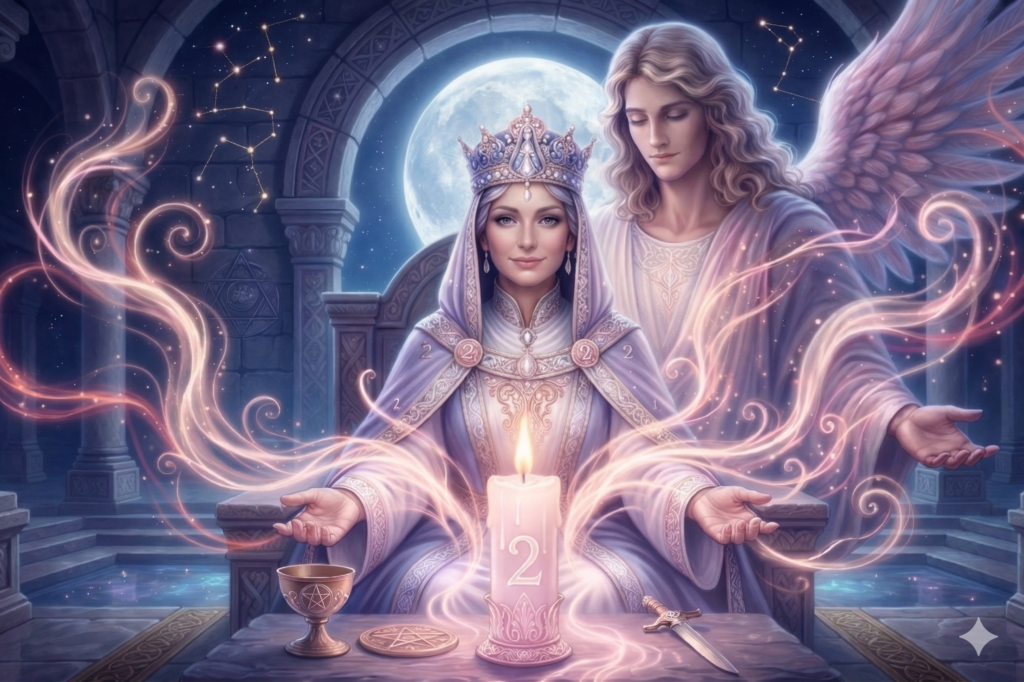 la Papesse du tarot et l'ange Achaiah, symbolique sacrée du nombre 2 en numérologie — sagesse silencieuse, lien et guidance intérieure