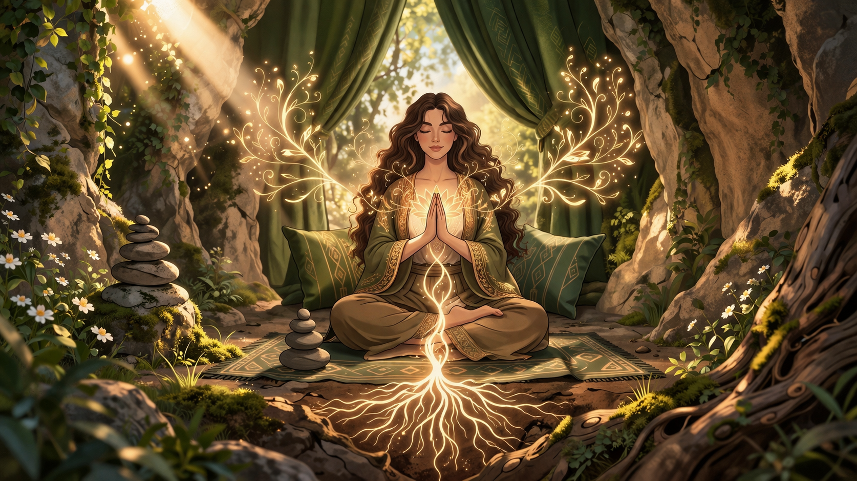 Personne en méditation reliée à la terre symbolisant l’ancrage du nombre 4