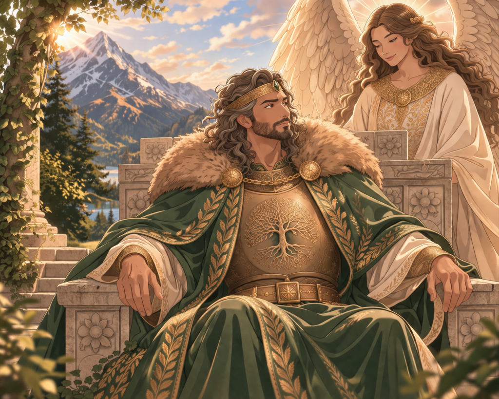 Figure inspirée de l’Empereur accompagnée d’un ange symbolisant la stabilité du nombre 4. signification du nombre 4