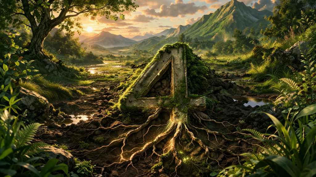 Paysage symbolique représentant l’ancrage profond et la stabilité du nombre 4 : signification du nombre 4