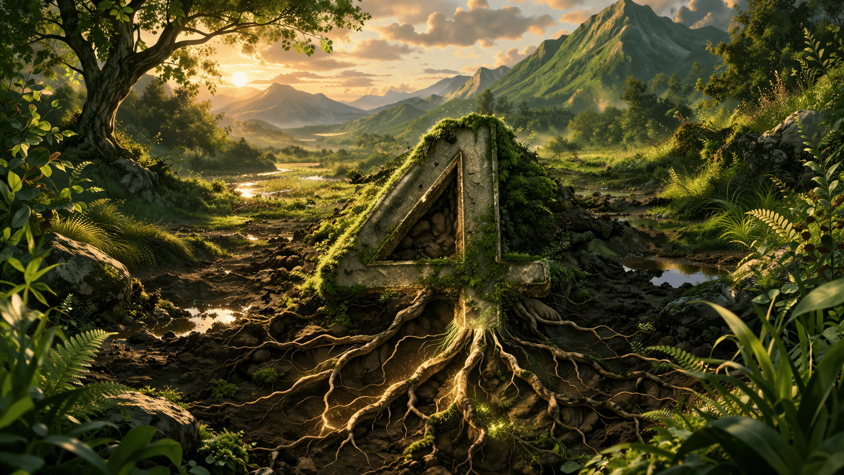 Paysage symbolique représentant l’ancrage profond et la stabilité du nombre 4 : signification du nombre 4