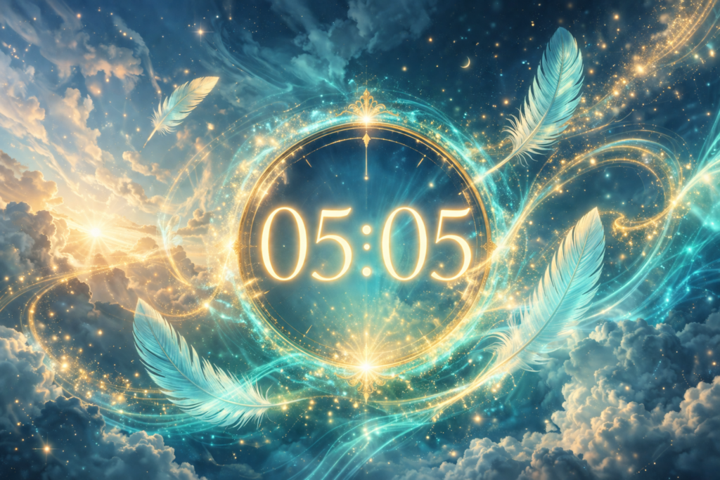 Heure miroir 05:05 entourée de plumes turquoise et de lumière dorée, symbolique du nombre 5 en numérologie
