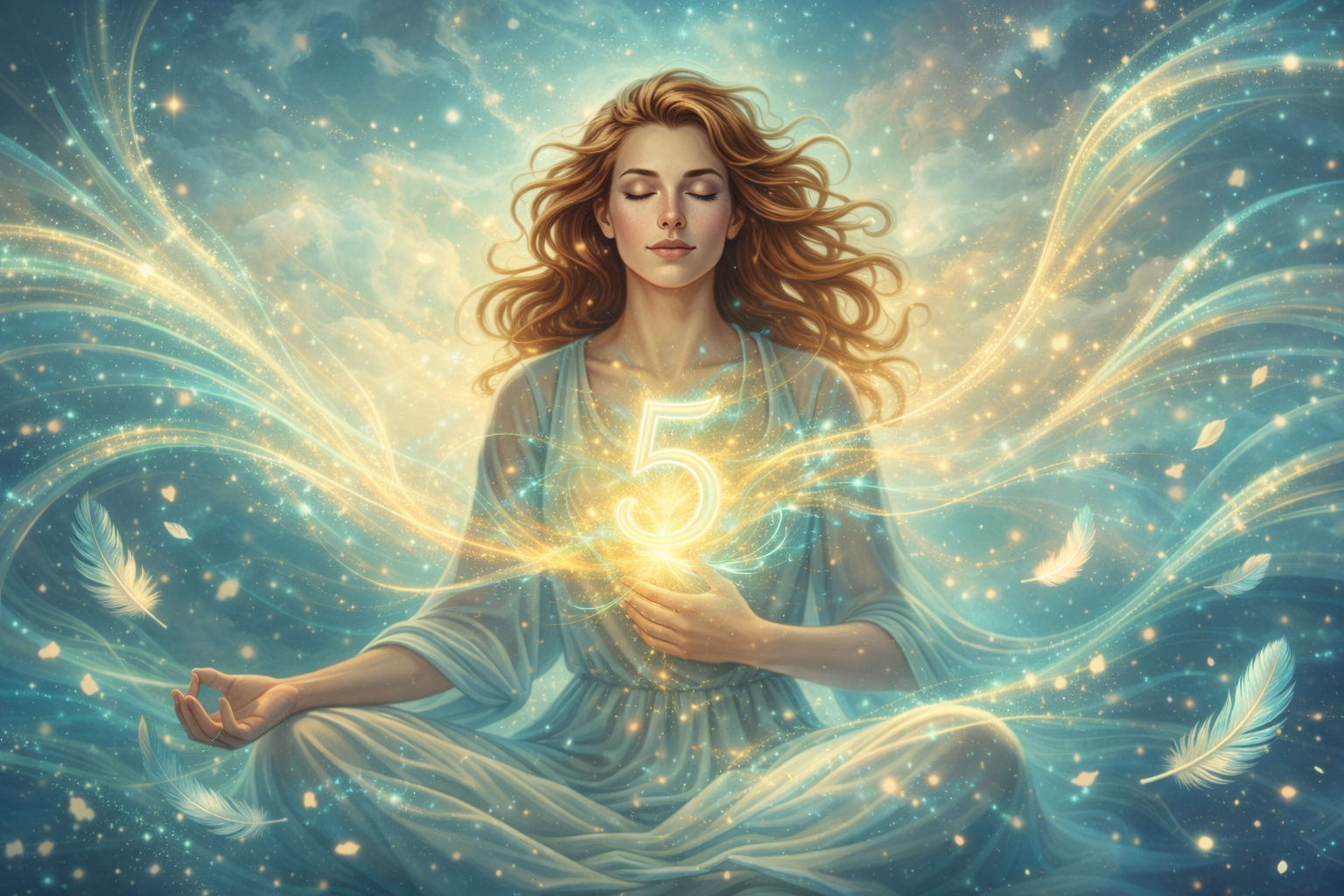 Femme en position de lotus et en méditation. Sacrée du nombre 5 en numérologie