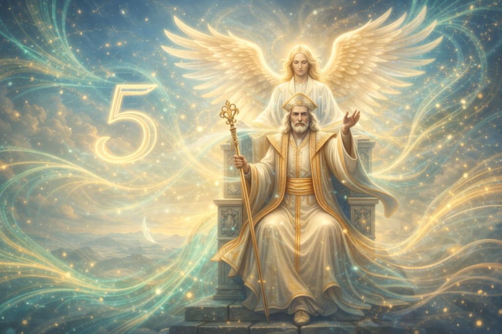 Le Pape du tarot et l'ange Michaël, symbolique sacrée du nombre 5 en numérologie, guidance et passage