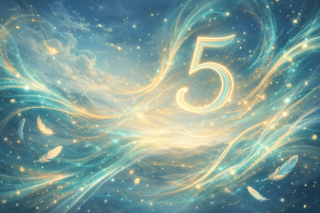 Flux de lumière turquoise et dorée symbolisant la vibration du nombre 5 en numérologie