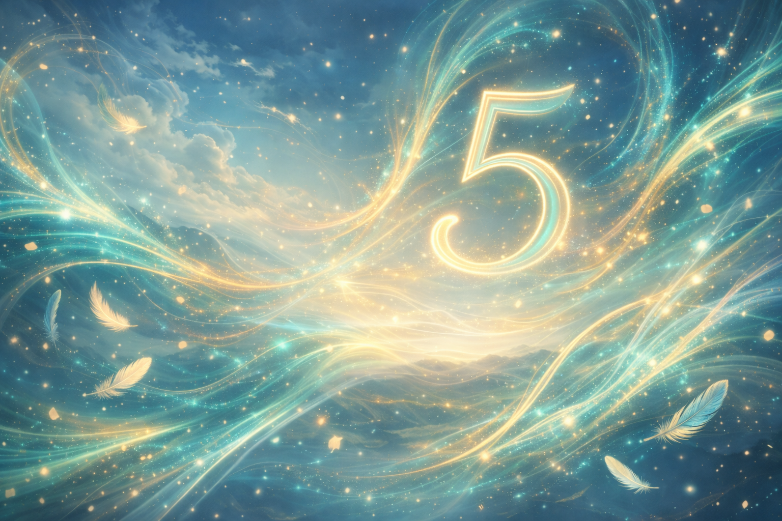 Flux de lumière turquoise et dorée symbolisant la vibration du nombre 5 en numérologie