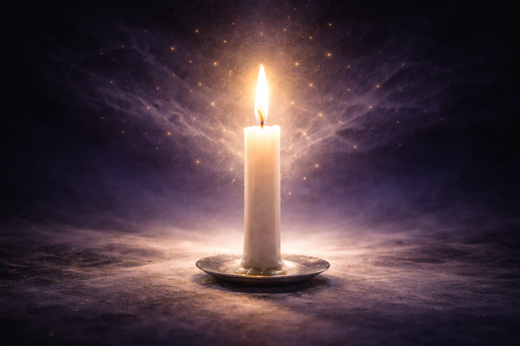 bougie et flamme dorée dans la pénombre, illustration du rituel du souffle lié aux rituels du nombre 0 en numérologie