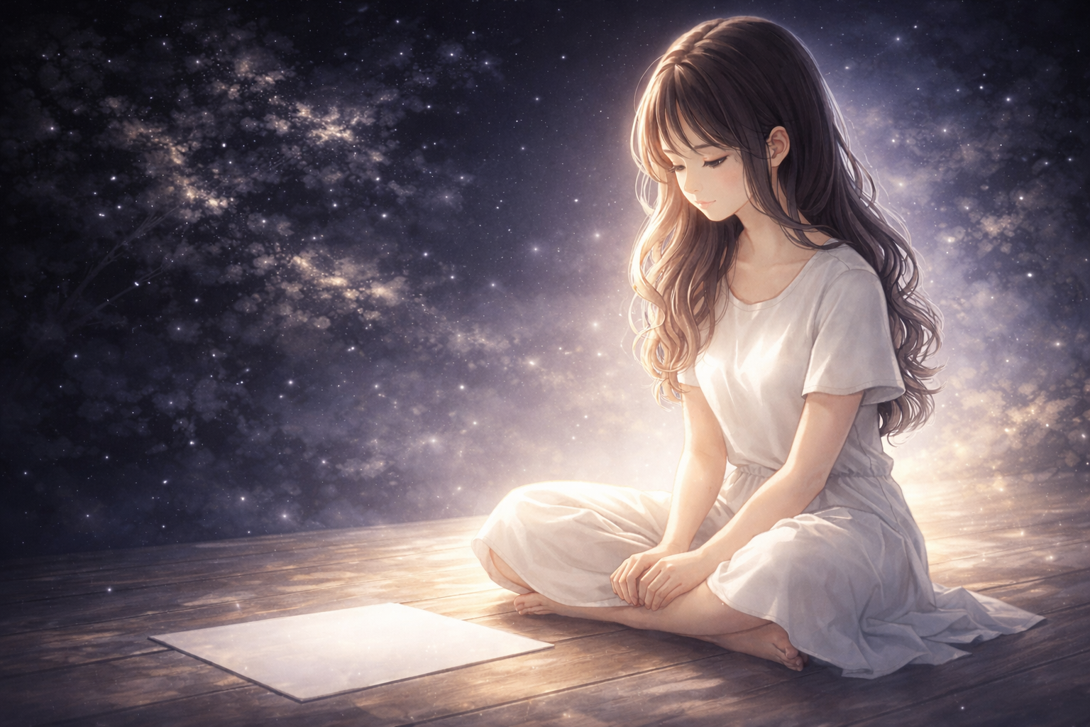 Femme assise en silence devant une feuille blanche, dans une ambiance nocturne étoilée et lumineuse, symbole de potentiel, d’introspection et de nouveau départ pour le rituel du nombre 0 en numérologie.
