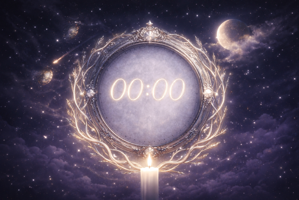 horloge ancienne indiquant 0h00 dans un ciel de minuit, illustration de l'heure miroir et de la signification du nombre 0 en numérologie