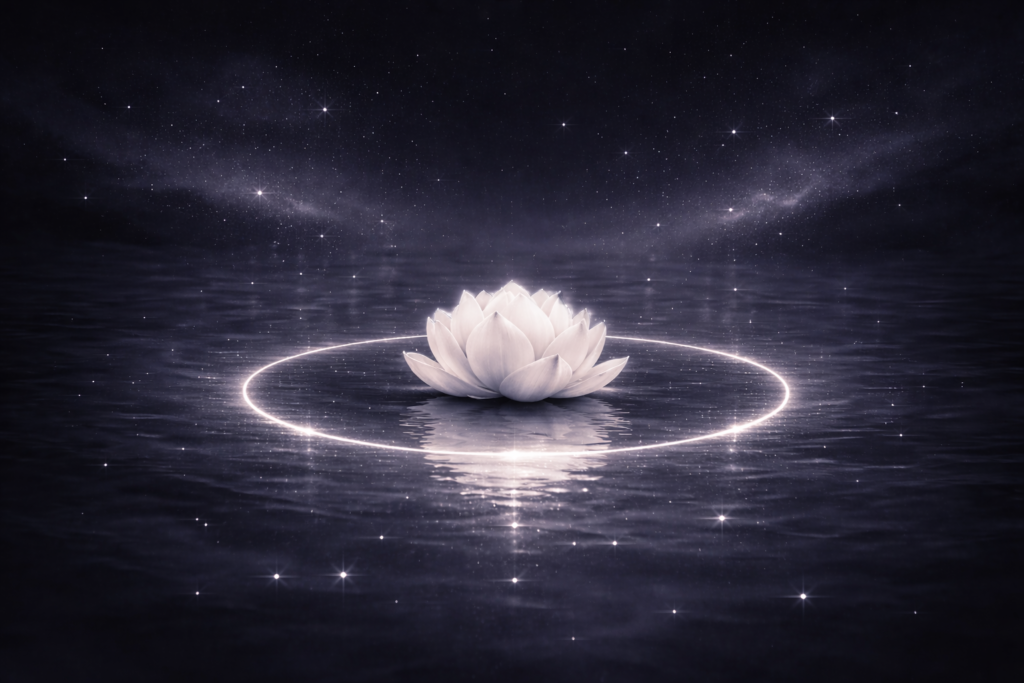 fleur de lotus blanc sur l'eau immobile, illustration du message vibratoire de la signification du nombre 0 comme silence et potentiel pur