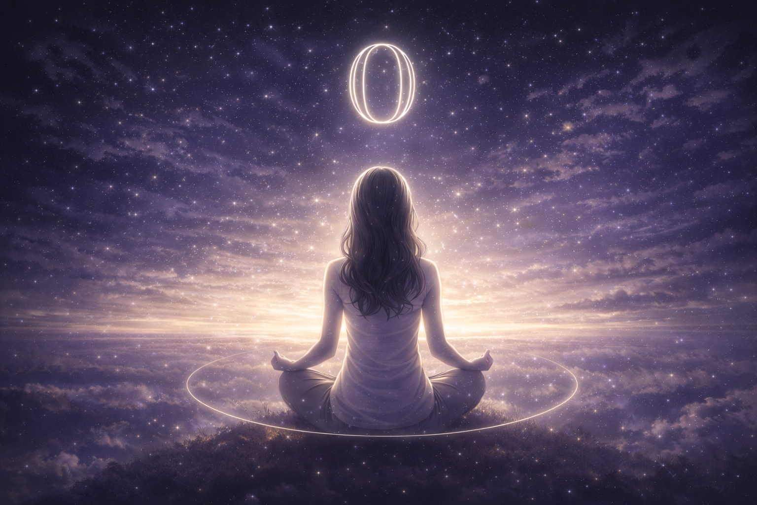 jeune femme en méditation face à l'horizon crépusculaire, illustration de la pratique liée à la signification du nombre 0 en numérologie