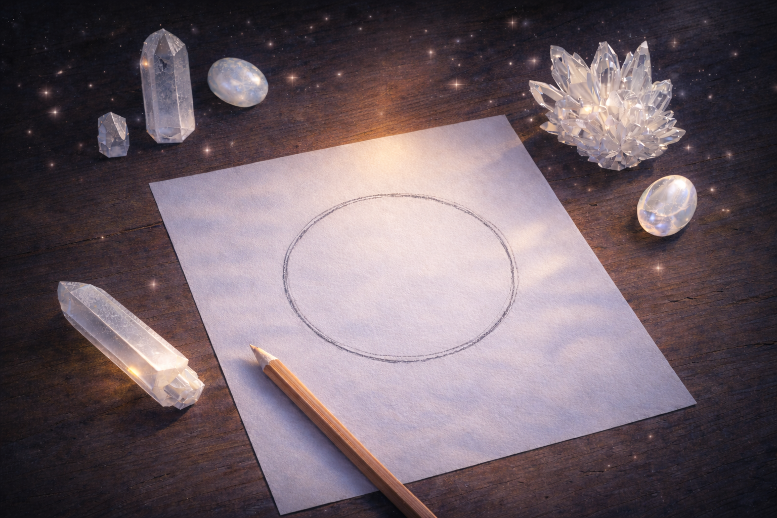 cercle tracé à la main entouré de cristaux, illustration des rituels du nombre 0 en numérologie symbolique