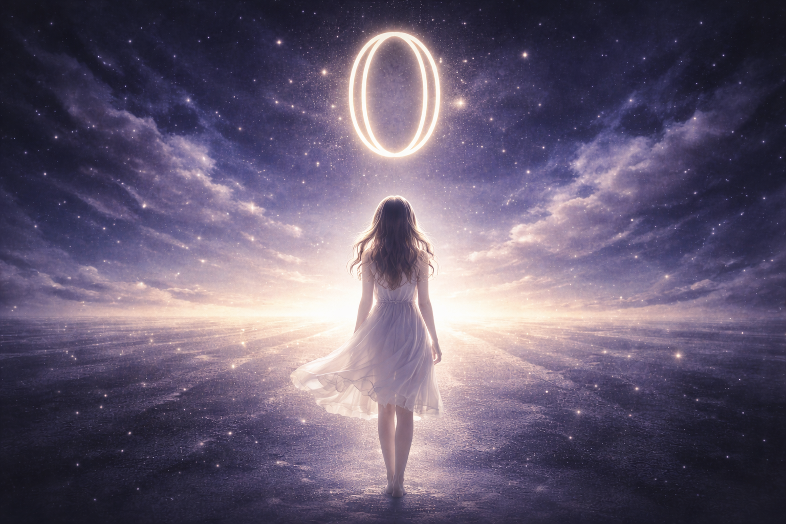 illustration symbolique de la signification du nombre 0 en numérologie, seuil entre nuit et aube, cercle de lumière originel